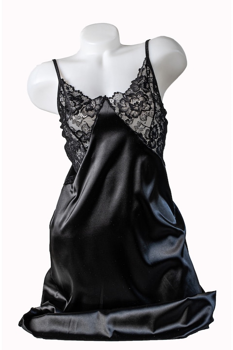 Camasa de noapte dama, satin soft elastic, dantela, negru, Adela, BLD by Exclusive, Negru