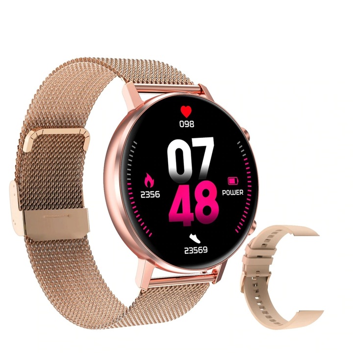 Смарт часовник STELS R96 PRO, Пулс, Калории, Ретина Дисплей, Ултратънък, IP67 Водоустойчивост, Допълнителна каишка, Златист