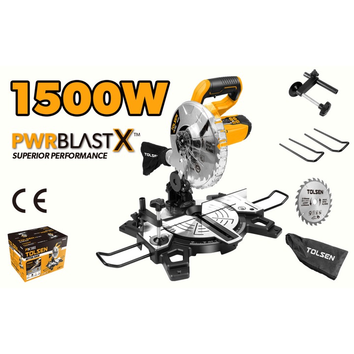 Fierastrau Circular de Banc TOLSEN 1500W PwrBlastX FX Force Xpress, Disc 210mm, 5500rpm, Taiere 0-45° Stanga/Dreapta, Aluminiu, Sac de Praf, Lama TCT, CE