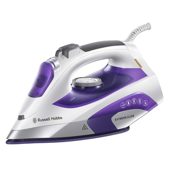 Fier de calcat Russell Hobbs 21530-56 Extreme glide, Talpa cu turmalina, 150 g/min, 2400 W, Alb/Mov Fier de calcat Russell Hobbs 21530-56 Extreme glide, Talpa cu turmalina, 150 g/min, 2400 W, Alb/Mov