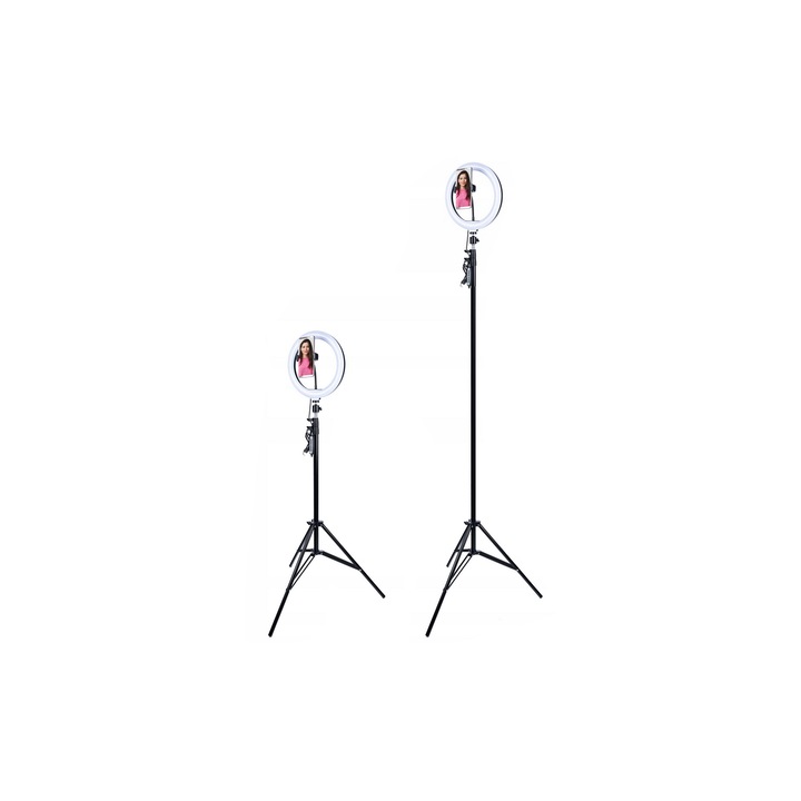 Lampa circulara 10W cu 2 trepiede, suport telefon, inaltime reglabila, 3 culori de lumina alb rece/galben cald/mixt, 17 moduri de iluminare, 18 culori