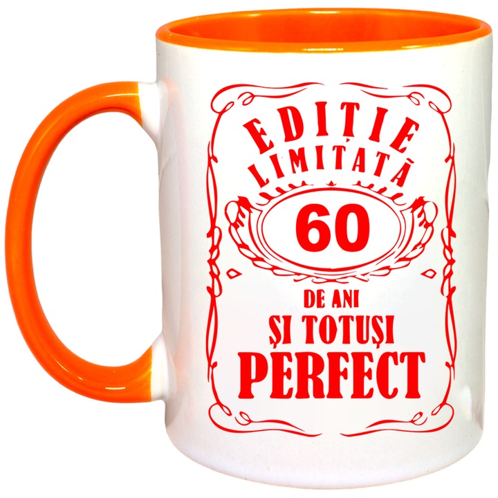 Cana personalizata cu interior colorat, portocaliu, "Editie limitata-60 ani", 330 ml