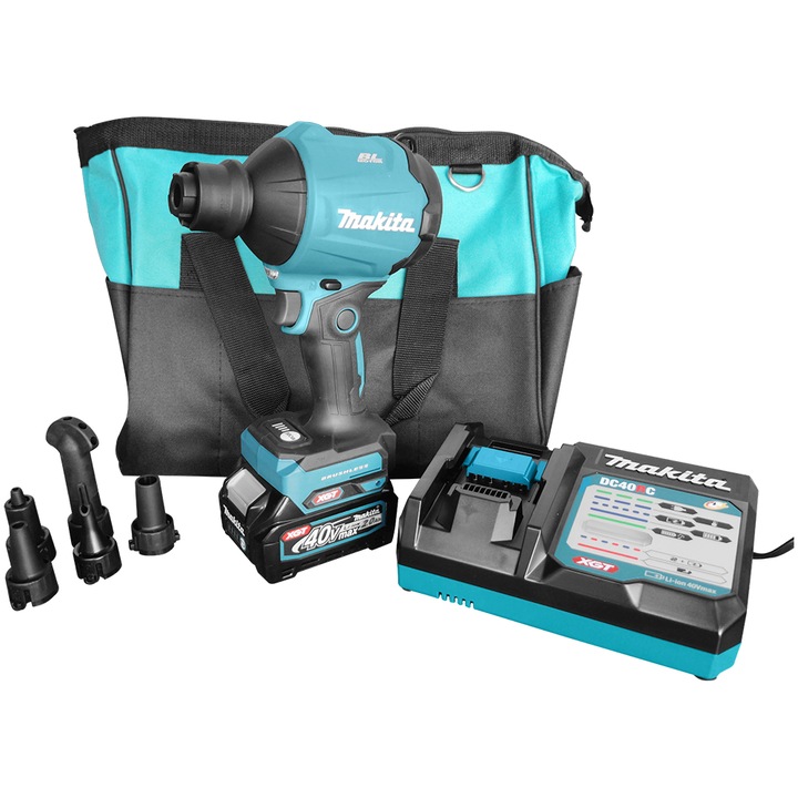 Suflanta cu acumulator Makita AS001GA101, presiune 0.3 bar, viteza aer 200 m/s, acumulator Li-Ion XGT 40V 2Ah, incarcator XGT DC40RC, set 5 duze, geanta transport