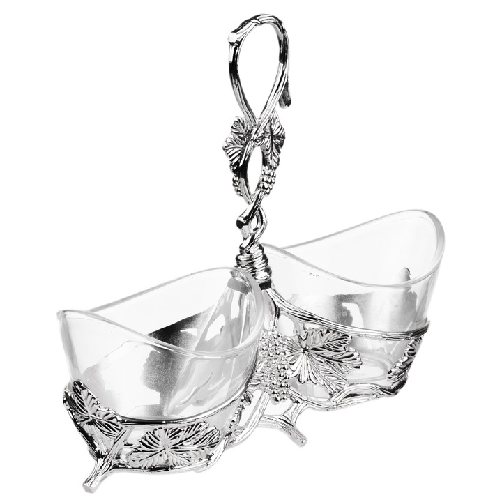 Sosiera din sticla, cu doua brate din zinc argintiu 24,5X8,8X20,5cm
