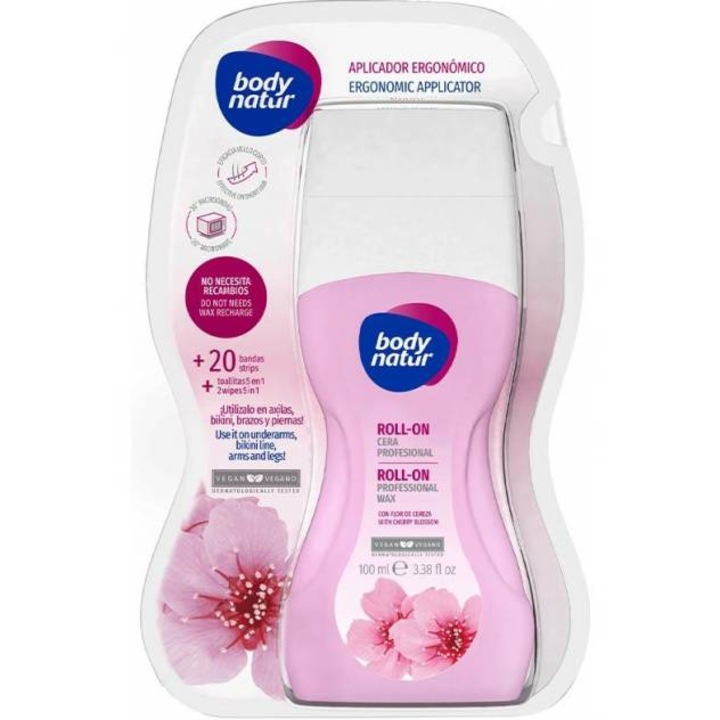 Roll-on cu ceara profesionala axile, bikini, brate si picioare, cu floare de cires, aplicator ergonomic, 100 ml, Body Natur