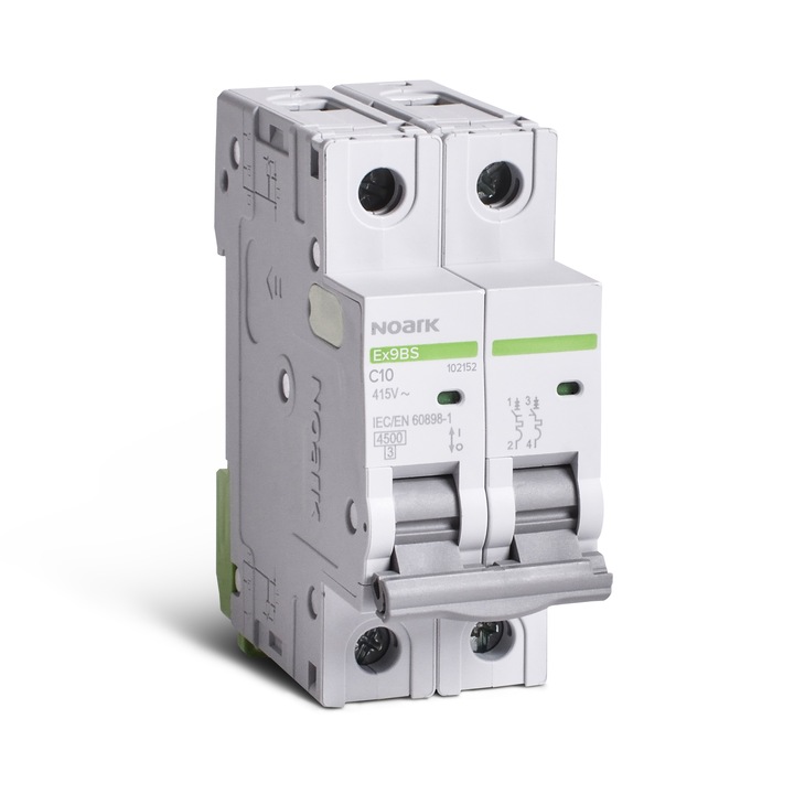 Siguranta automata modulara Noark 102152, din plastic, 2P, 2 module, amperaj 10A, tensiune alimentare 400 V, 240 g, clasa de protectie IP 20, curba C, Noark, Alb