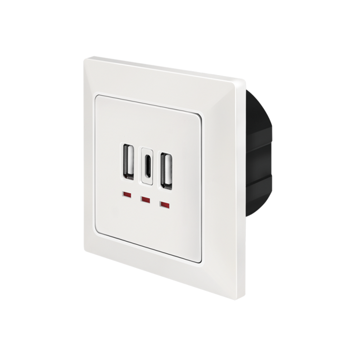 Контакт Logilink PA0254, 2 x USB-A 5V/2.4A, 1 x USB-C 5V/3A, вграден, LED индикатори, Бял