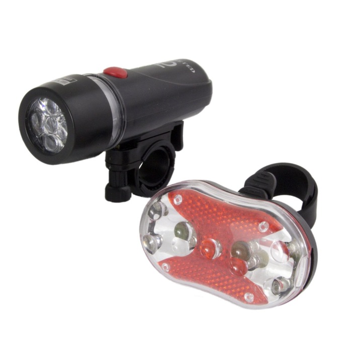 Kerékpár lámpa készlet, 5 első LED 3 világítási móddal, 3 hátsó LED 7 világítási móddal, időjárásálló, fekete-piros, TCL-BBL4707