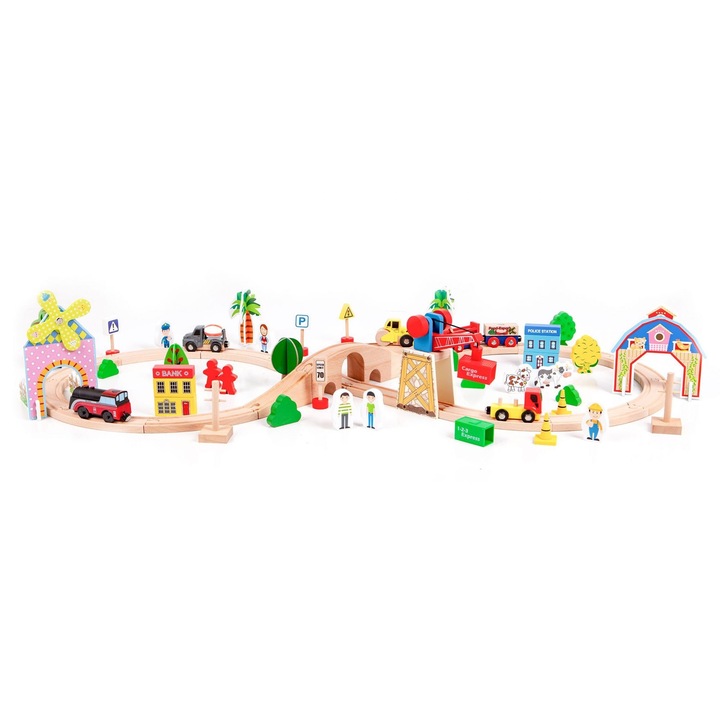 IdealStore The Small Town Többfunkciós vasútpálya, natúr fából, 76 db-os, járművek, útjelző táblák, épületek, elektromos mozdony, serkenti a gyermek motoros képességeit