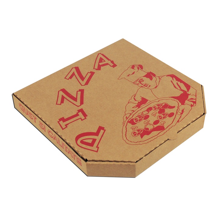Set 100 cutii de carton, pentru pizza, 240x240x30 mm, hexagonale, Maro, design rosu