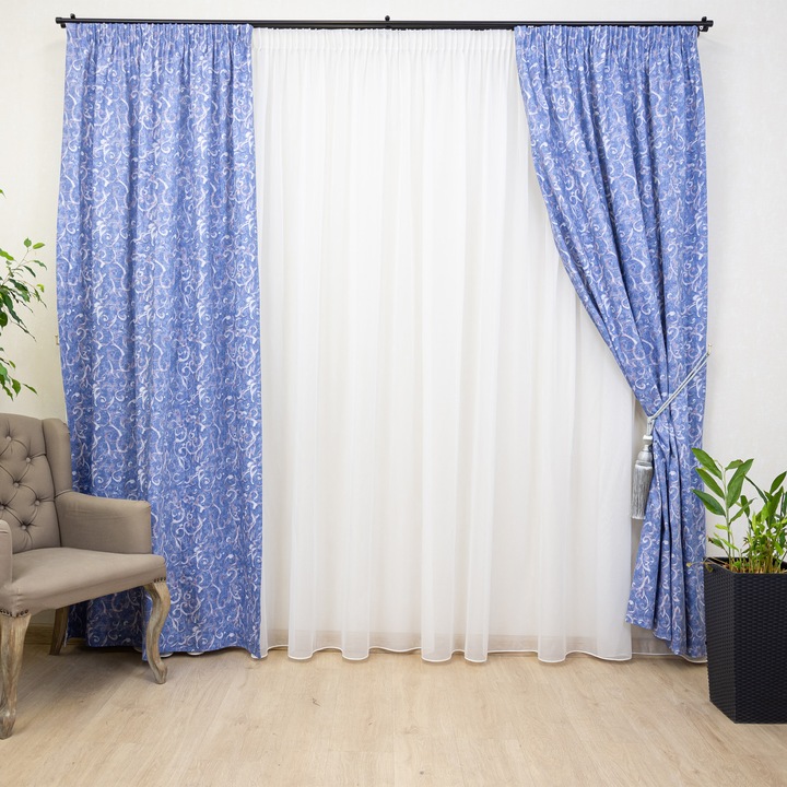 Set 3 piese draperii bumbac, Hiko Nostalgie Garden Byzantine 2x140x200cm si o perdea Ana Soft 300x200cm, cu rejansa
