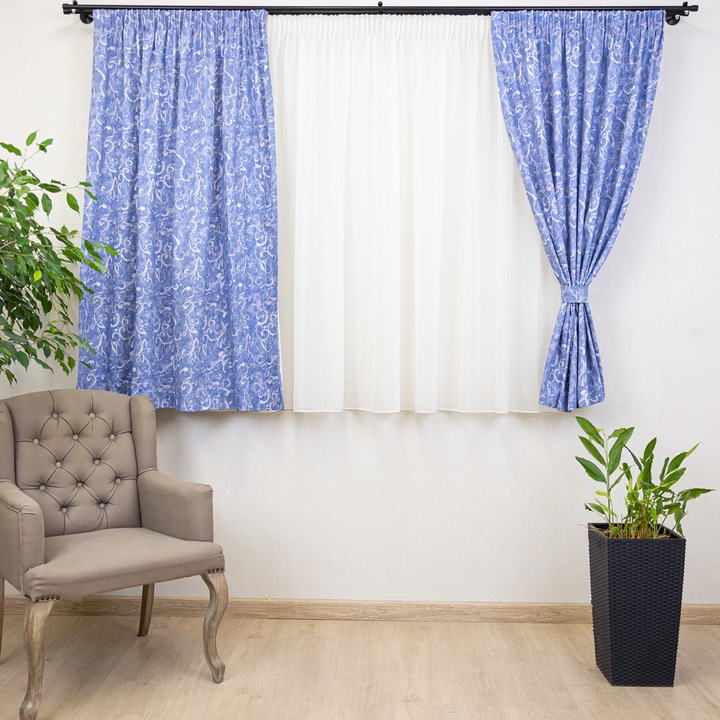 Set 5 piese draperii bumbac, scurte 2x140x130cm Hiko Nostalgie Garden Byzantine cu doua bentite si o perdea Ana Soft 300x130cm, cu rejansa