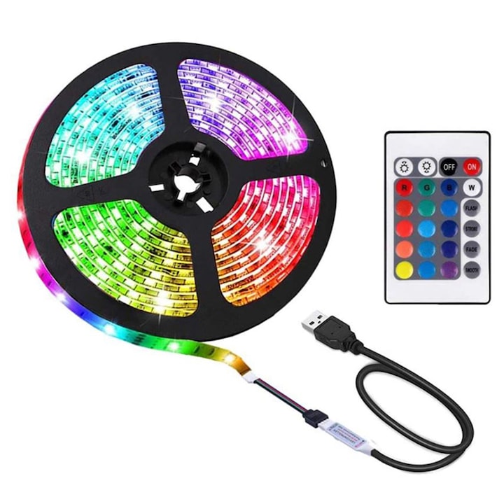LED szalag, RGB, Távirányító, IP67, 5m, Többszínű