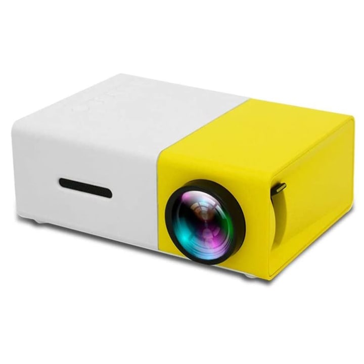Мини проектор YG300, Ръчен фокус, Контраст 800:1, 1920x1080 пиксела, USB/SDcard/Aux, Преносим, 12.5x8.5x4.5 cm, Бял/Жълт