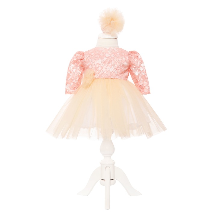 Rochie cu dantela somon pentru botez, 2 piese, rochie, bentita, Recostore, REC2015, 1-3 luni