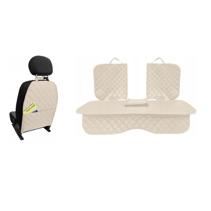 Set 2 protectii scaune auto, Metru Patrat, universale, matlasate, crem, lavabile, impermeabile , protectie matlasata cu decupare cotiera pentru bancheta din spate cu si protectie spatar scaun cu buzunar organizator