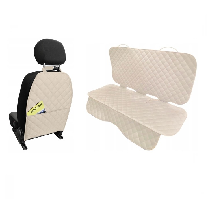 Set 2 protectii scaune auto, Metru Patrat, universale, matlasate, crem, lavabile, impermeabile , protectie matlasata pentru bancheta din spate si protectie spatar scaun cu buzunar organizator