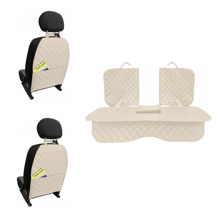 Set 3 protectii scaune auto, Metru Patrat, universale, matlasate, crem, lavabile, impermeabile, protectie matlasata cu decupare cotiera pentru bancheta din spate cu si 2 protectii spatar scaun cu buzunar organizator