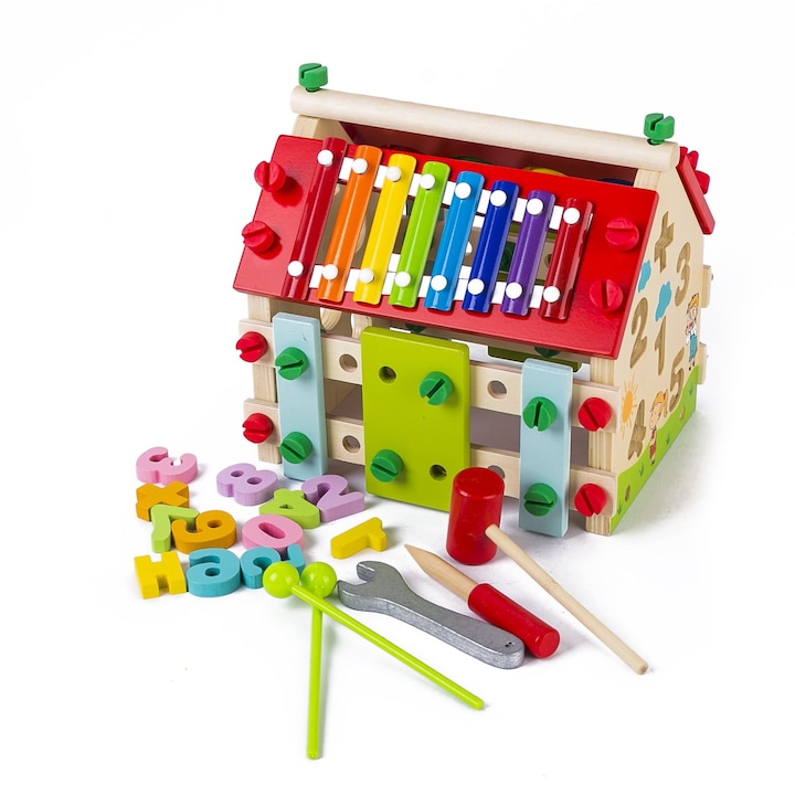 Casa de asamblat educativa tip Montessori, de potrivire si asociere, lemn, + 3 ani, multicolor