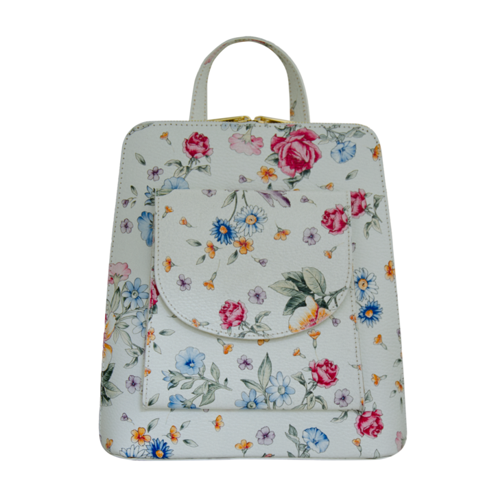 Rucsac de dama din piele naturala Eva Bags, Petra floral alb