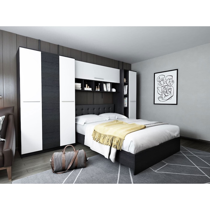 Dormitor Mario 3.44m, Pat 140x200, incadrat tapitat negru, Culoare alb/wenge
