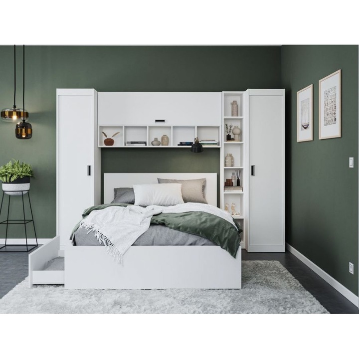 Dormitor Nordis 2.70m cu Pat incadrat 140x200, Culoare Alb