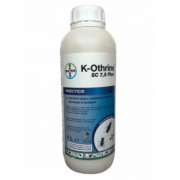 Insecticid lichid impotriva insectelor zburatoare si taratoare K-Othrine SC7.5, BAYER, fara miros, aplicare cu pompa vermorel, flacon 1 L