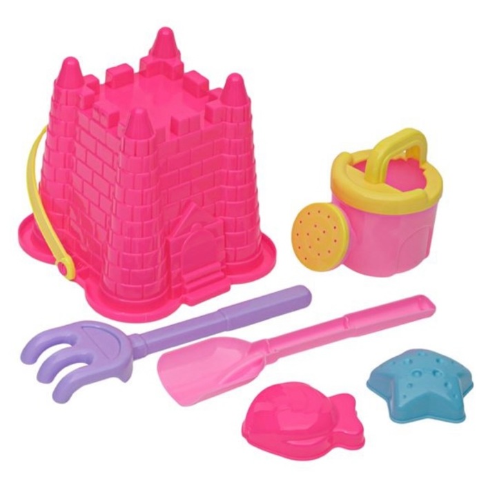 Set jucarii pentru plaja sau nisip, galetusa cu 5 accesorii, multicolore, 16x16x26 cm