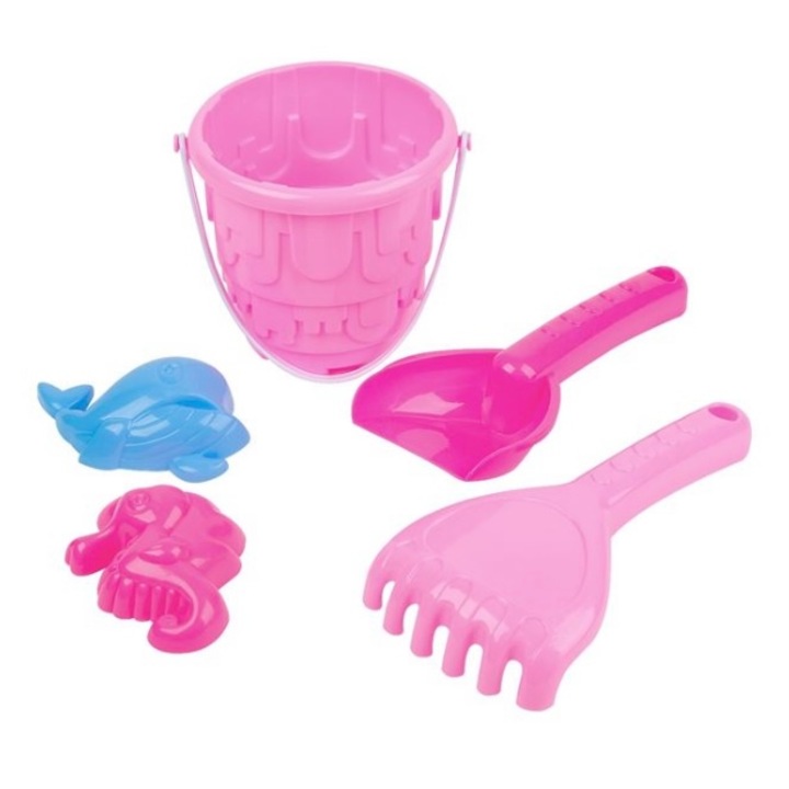 Set jucarii pentru plaja sau nisip, galetusa castel cu 4 accesorii, multicolore, 11 x 11 cm