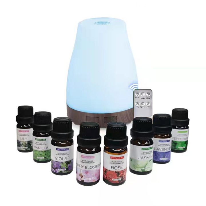 OEM Ultrahangos aromadiffúzor, polipropilén anyagból, LED világítással, 300 ml - s tartállyal, 8 különböző illóolajjal, 120x120x160 mm, fehér