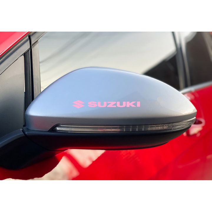 Set 2 stickere auto pentru oglinzi exterior Suzuki, 12 cm, Roz