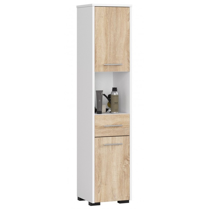 Dulap pentru baie, Akord Furniture Factory, PAL, 30x30x140 cm, Alb/Bej