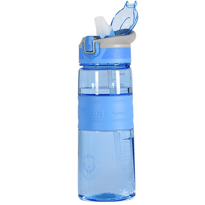 Бутилка за вода, Пластмаса, Вградена сламка, Автоматично отваряне, Ергономична, 650 мл, 7.5x23 см, Син