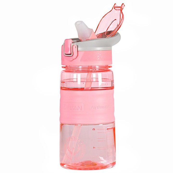 Бутилка за вода, С вградена сламка, Автоматично отваряне, Пластмаса, Ергономична, 450 мл, 7.5x19 см, Розов