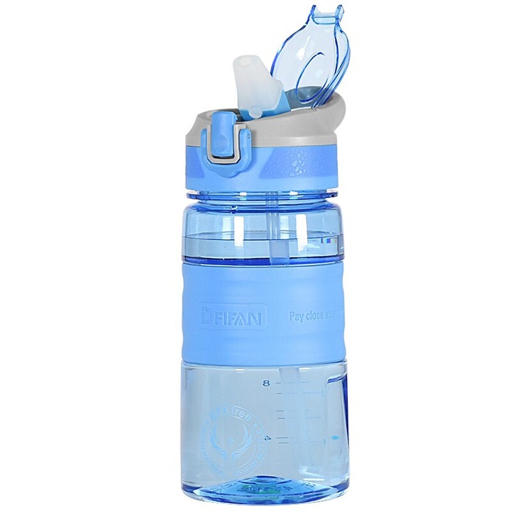 Преносима бутилка за вода, Пластмаса, Вградена сламка, Автоматично отваряне, Ергономична, 450 мл, 7.5x19 см, Синя