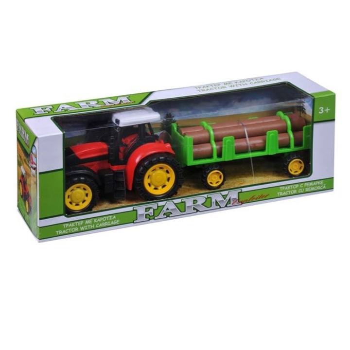 Играчка трактор, с ремарке за дърва, корпус, пластмаса, многоцветен, 36x10x13 см