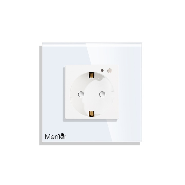 Priza Smart Premium wireless Mentor ES014 simpla, incastrata, WiFi, 16A, 1000W, 2.4GHz cu rama din sticla securizata, alba, control parental, voice control Google Home, Amazon Alexa, Apple HomeKit Siri