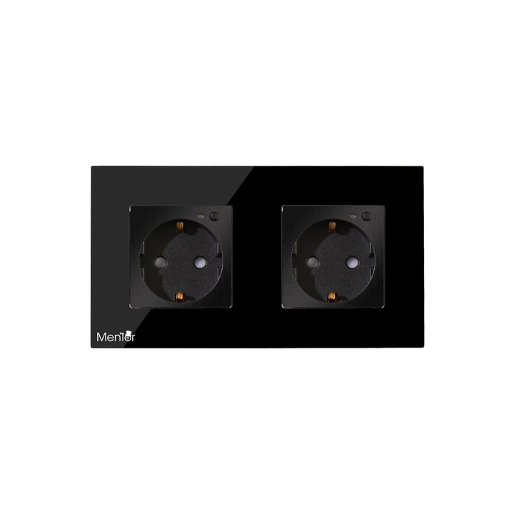 Priza Smart Premium wireless Mentor ES017 dubla, incastrata, WiFi, 16A, 2000W, 2.4GHz cu rama din sticla securizata, neagra, control parental, voice control Google Home, Amazon Alexa, Apple HomeKit Siri