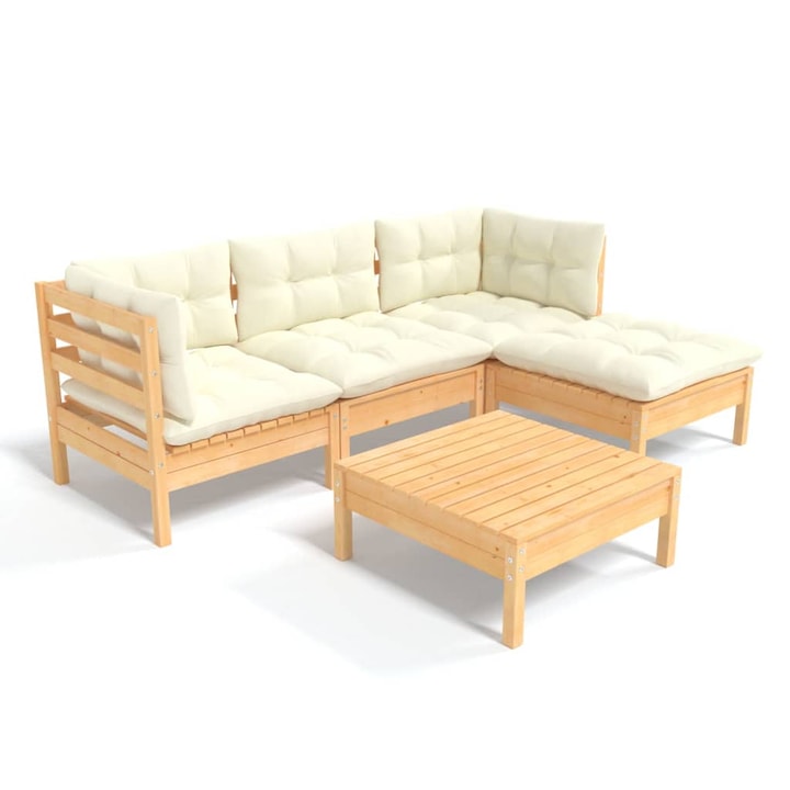 Set mobilier de gradina Zakito Europe, lemn de pin, cu perne crem, maro, 63.5x63.5x62.5cm