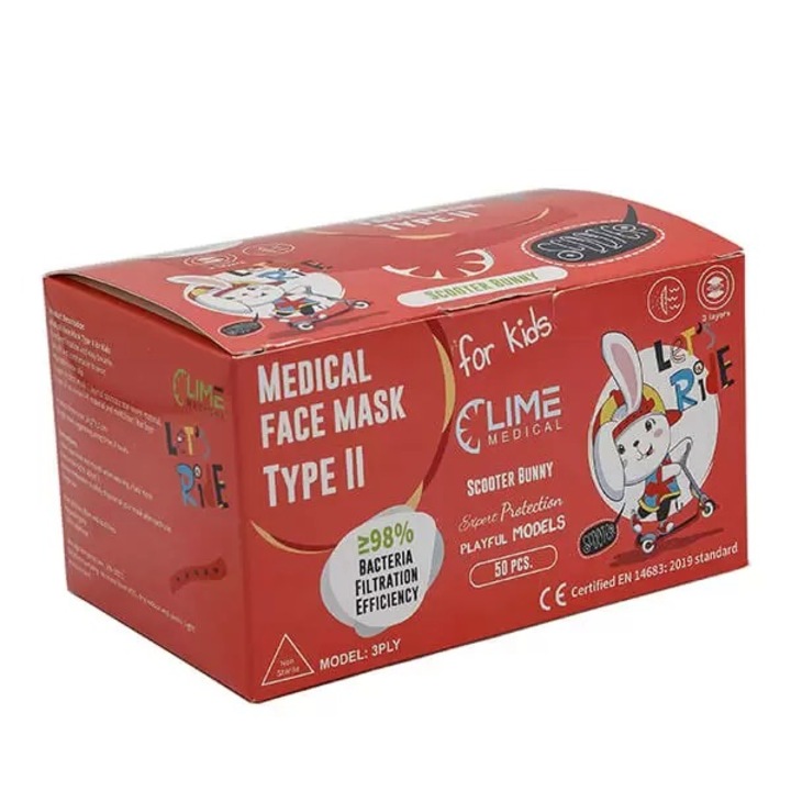 Комплект от 50 броя хипоалергенни медицински хирургически маски за деца, LIME MEDICAL, модел Scooter Bunny