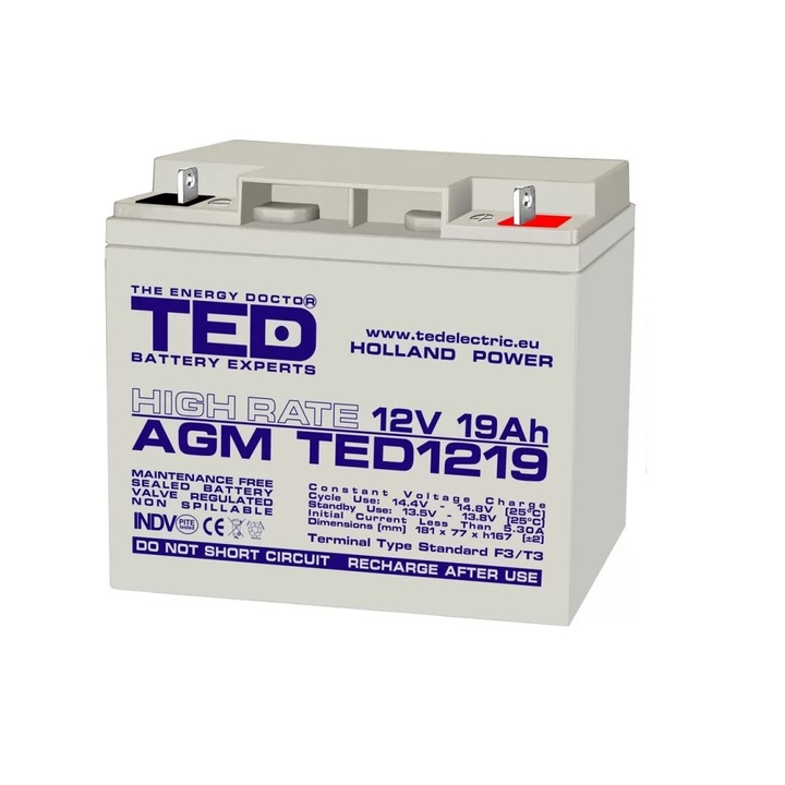 Акумулатор AGM VRLA 12V 19A, High Rate, 181mm x 76mm xh 167mm, F3, TED Battery Expert Holland