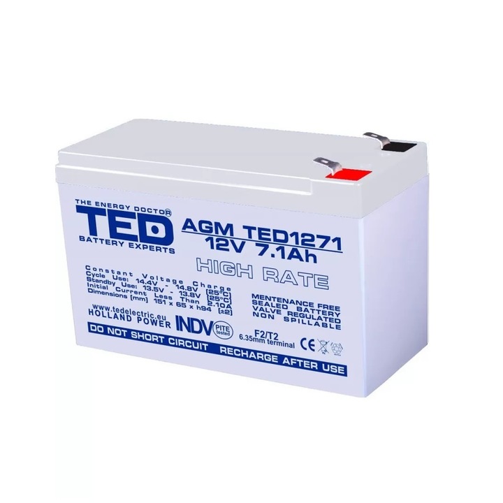 Акумулатор AGM VRLA 12V 7,1A, High Rate, 151mm x 65mm xh 95mm, F2, TED Battery Expert Holland