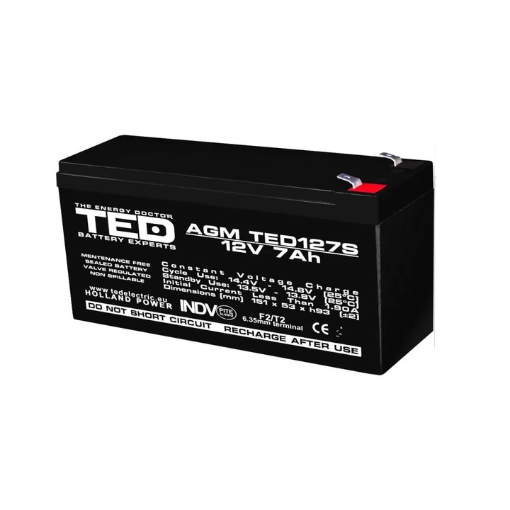 AGM VRLA 12V 7A speciális akkumulátor, 149mm x 49mm xh 95mm, F2, TED Battery Expert Holland