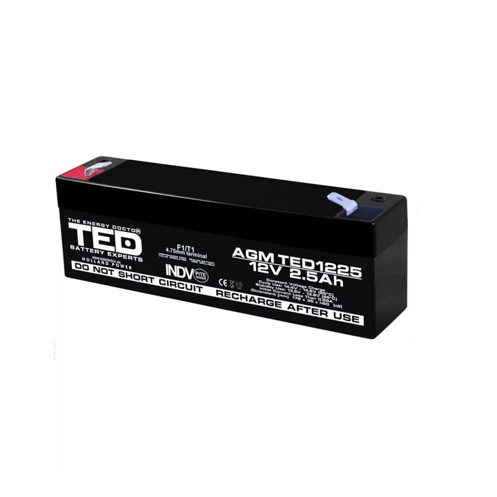 Батерия AGM VRLA 12V 2.5A, размери, 178mm x 34mm xh 60mm TED Battery Expert Holland