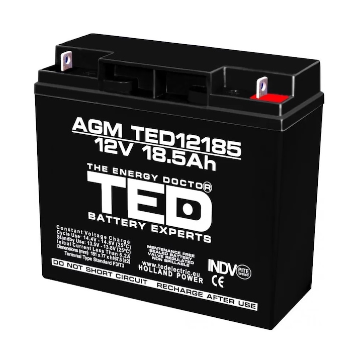 TED ELECTRIC Battery Expert Holland Akkumulátor, AGM VRLA 12V 18,5A, méretek 181mm x 76mm x magasság 167mm, F3