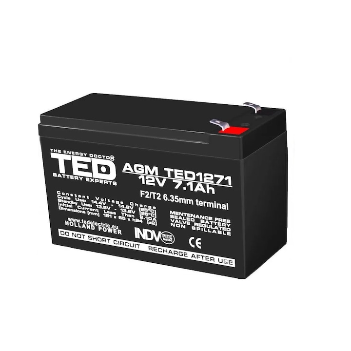 AGM VRLA батерия, 12V 7.1A, размери 151mm x 65mm xh 95mm, F2, TED Battery Expert Holland