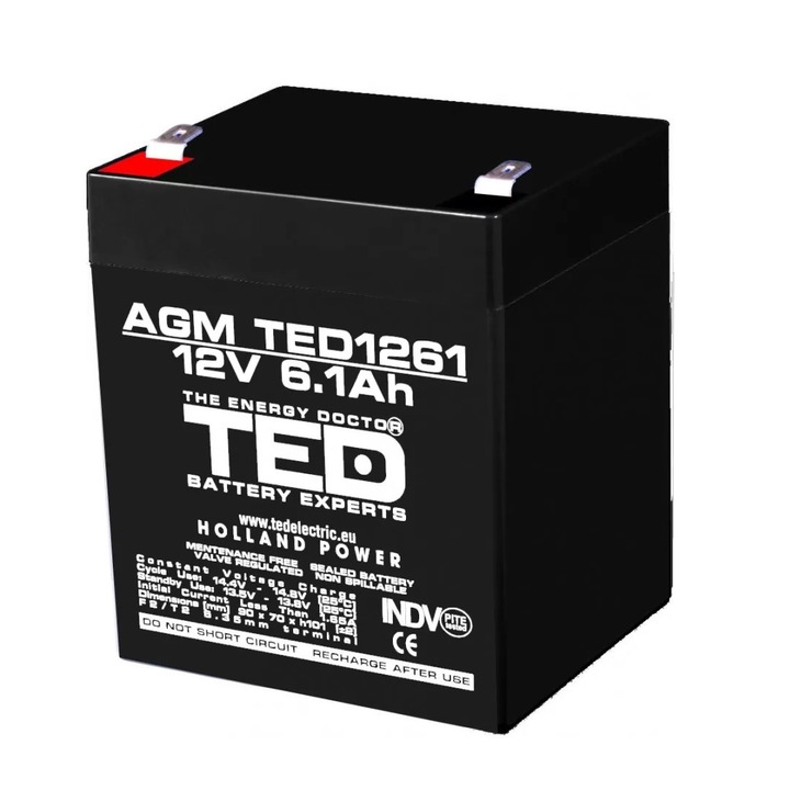 TED Battery Expert Holland AGM VRLA akkumulátor, 12V 6.1A, méretek 90mm x 70mm xh 98mm, F2