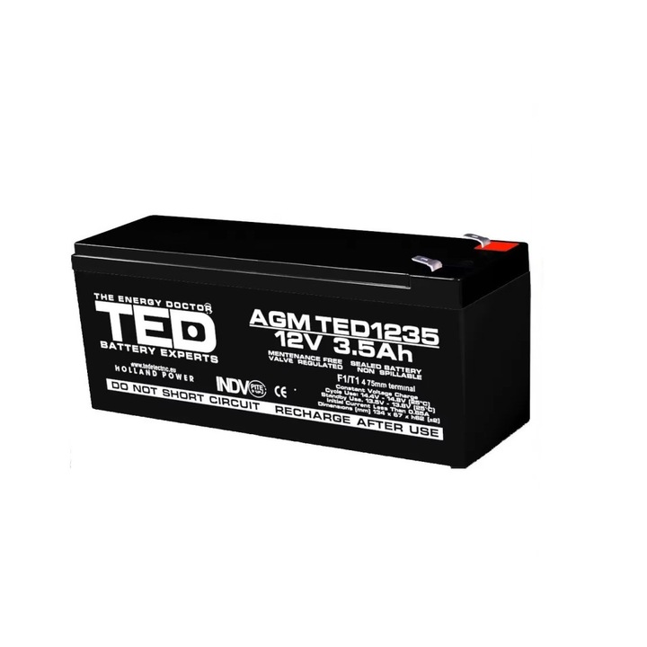 AGM VRLA батерия, 12V 3.5A, размери 134mm x 67mm xh 60mm, F1, TED Battery Expert Holland