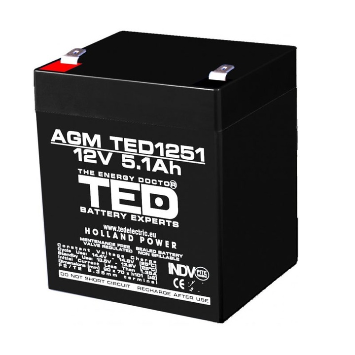 AGM VRLA батерия, 12V 5.1A, размери 90mm x 70mm xh 98mm, F2, TED Battery Expert Holland