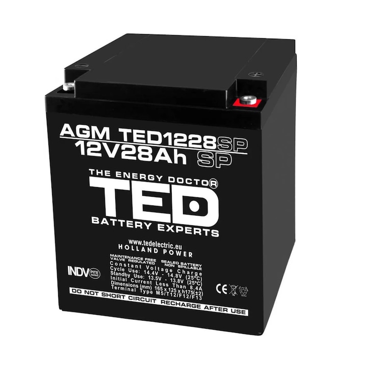 AGM VRLA akkumulátor, 12V 28A, speciális méretek 165mm x 125mm xh 175mm, M5 TED Battery Expert